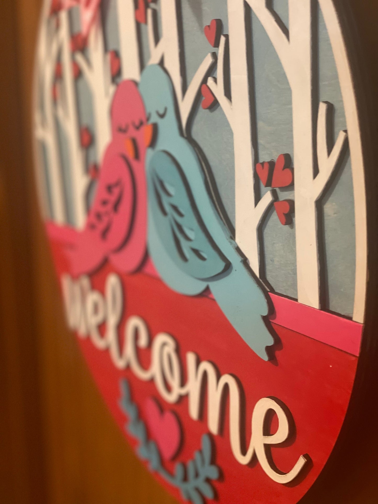 Love Birds Front Door Decor | Welcome Door Hanger | 3D Lettering | Round Wood Welcome Sign | Year Round Decor | Valentine Door Sign Wreath