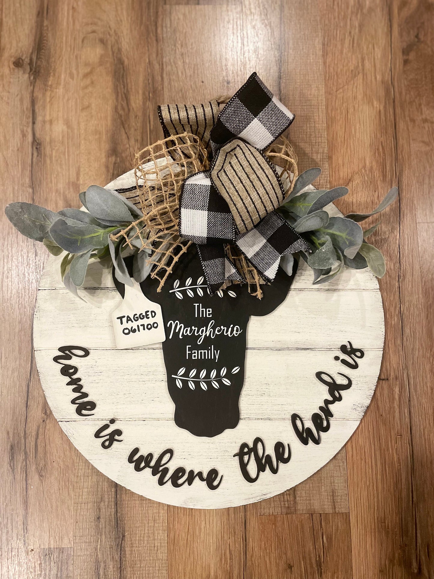 16' Round Home Is Where the Herd Is Door Hanger | Cow Sign | Cow Door Hanger | Farmhouse Shiplap Sign