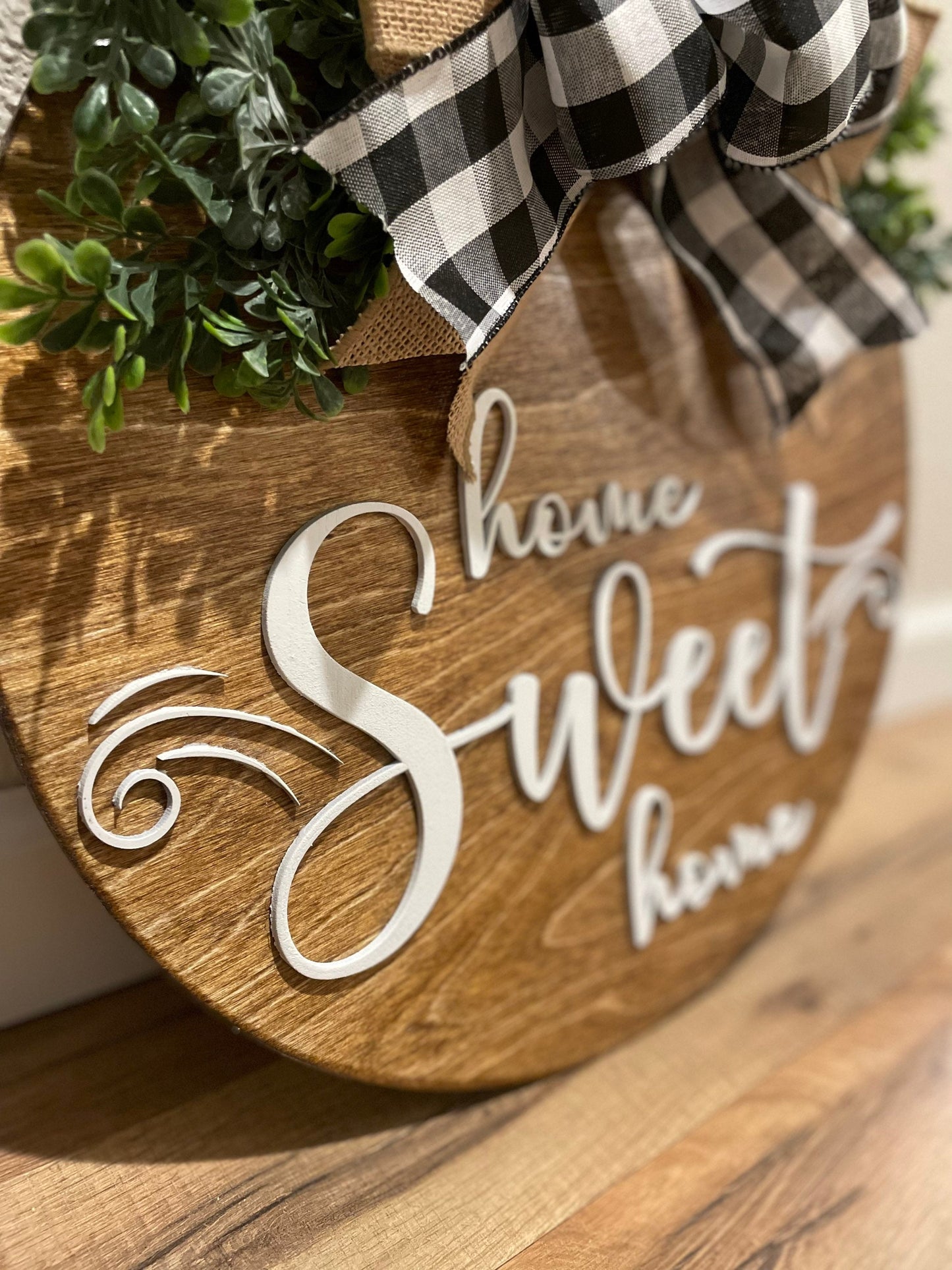 Front Door Decor | Home Sweet Home Door Hanger | 3D Lettering | Round Wood Welcome Sign | Year Round Decor