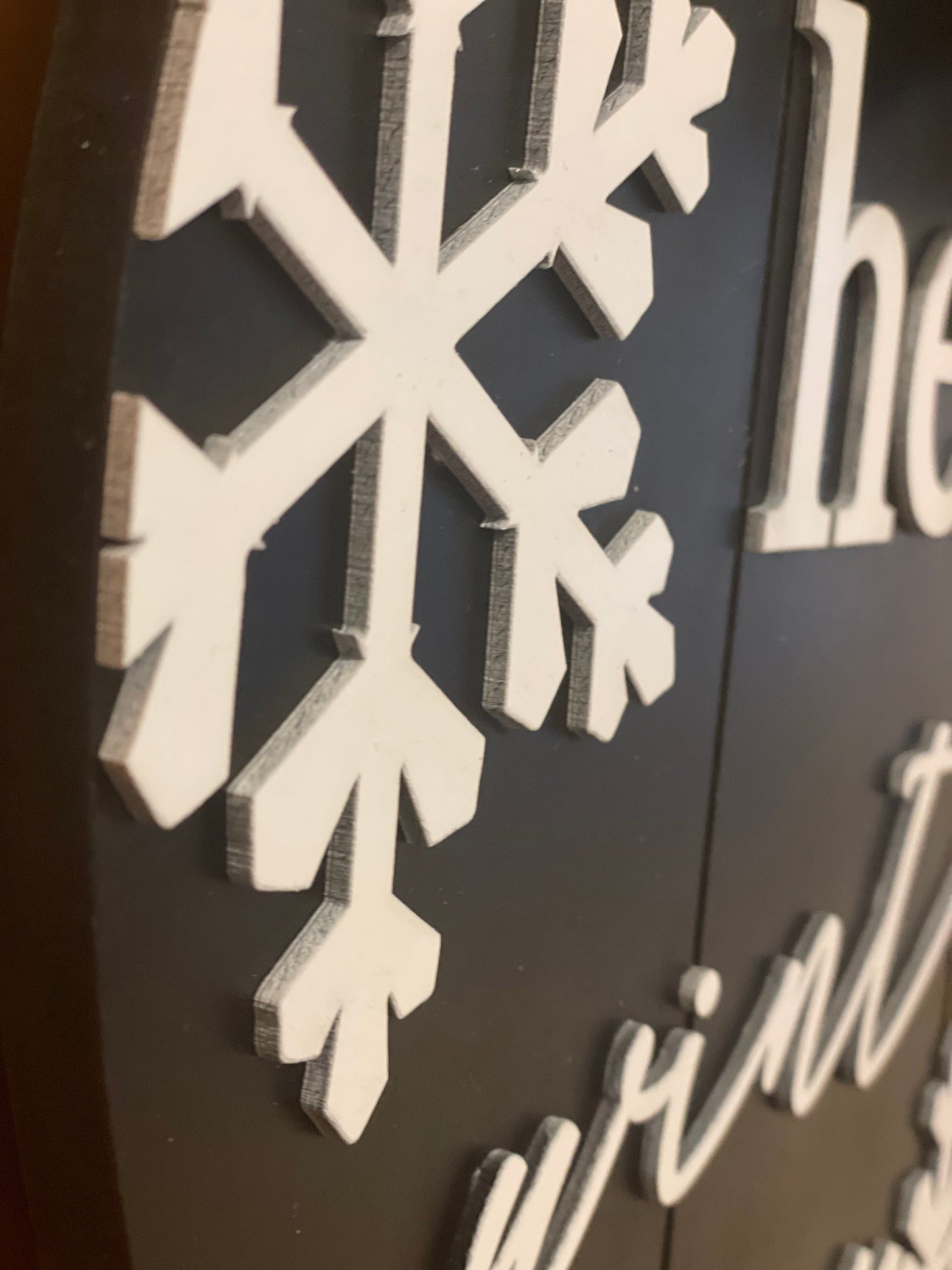 Hello Winter Door Hanger | 3D Lettering | 16inch round | Front Door Decor | Round Wood Sign | Black and White Door Sign | Winter Wreath