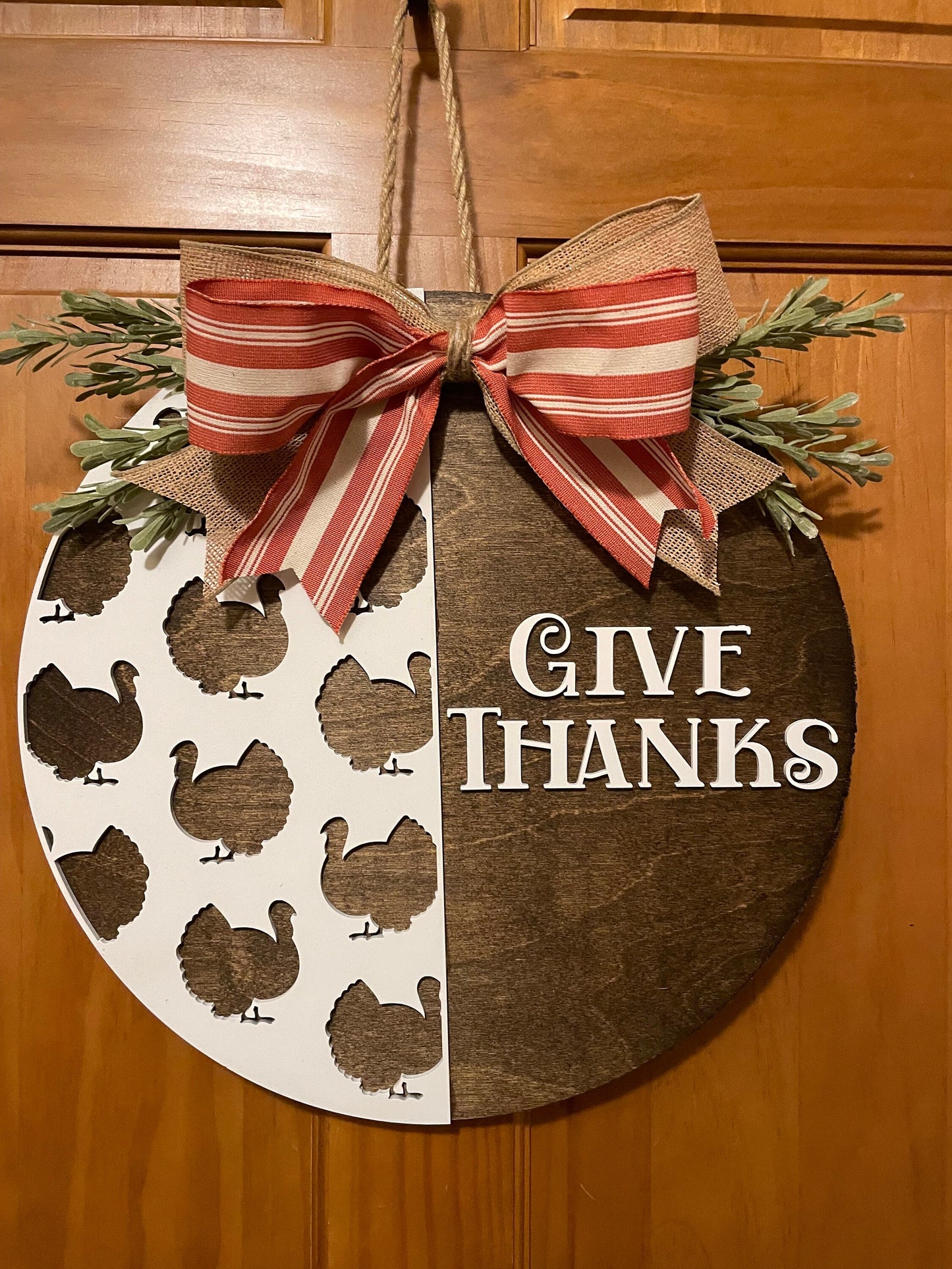 Give Thanks Turkey Front Door Decor |Fall Door Hanger | 3D Lettering | Round Wood Give Thanks Sign | Thanksgiving Decor | Wood Wreath