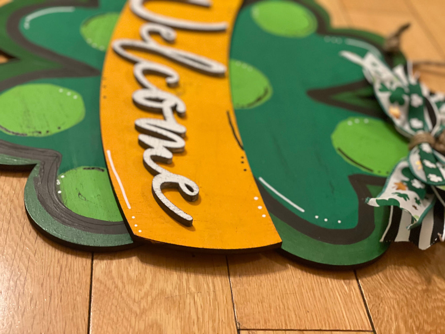 St. Patrick's Day Shamrock Door Hanger | Welcome Door Hanger | Shamrock Front Door Decor | Wood Cutout | St. Patty's Day Wreath