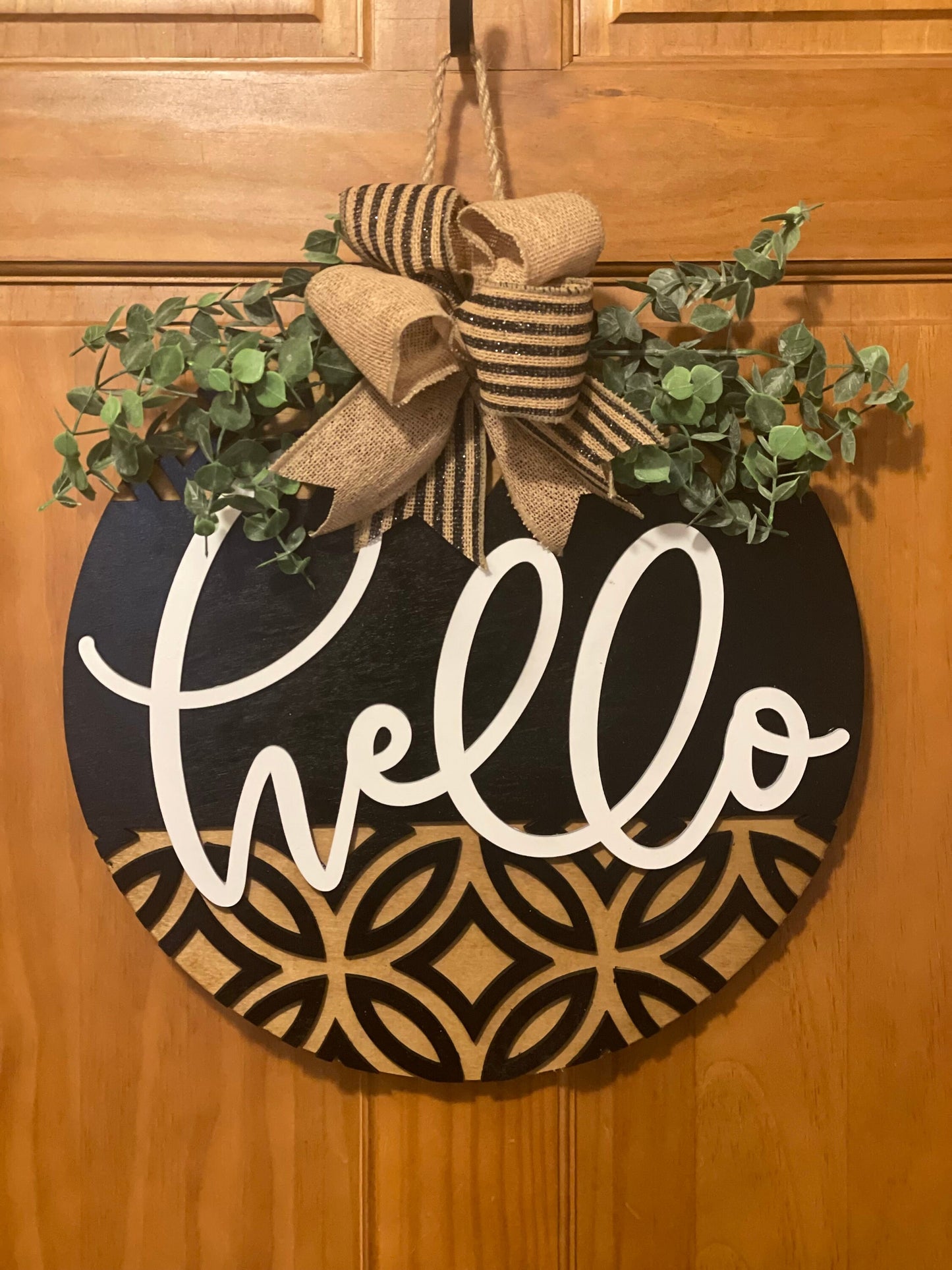 Hello Modern Front Door Decor | Hello Door Hanger | 3D Lettering | Round Wood Hello Sign | All Year Decor | Wood Hello Wreath