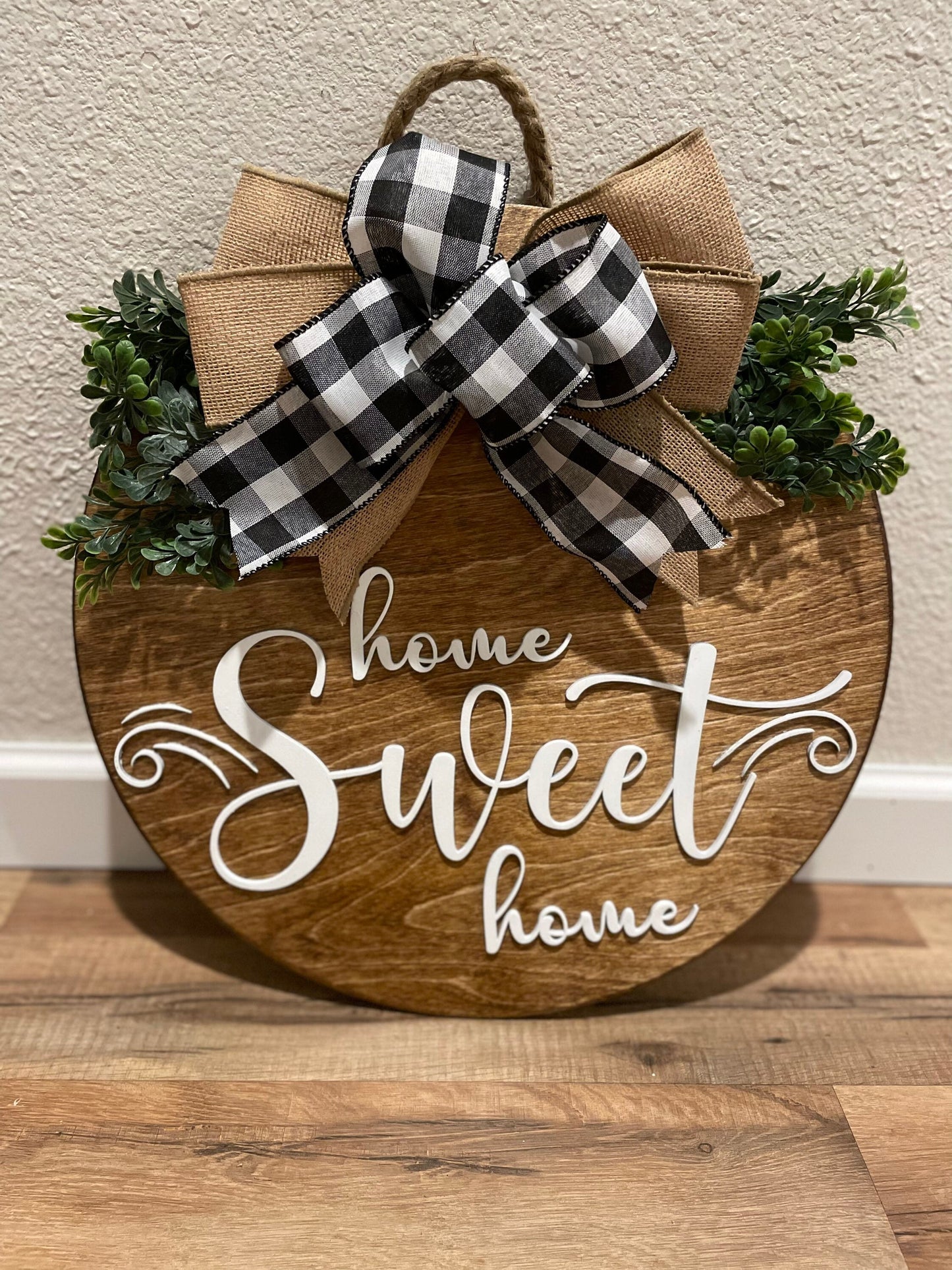 Front Door Decor | Home Sweet Home Door Hanger | 3D Lettering | Round Wood Welcome Sign | Year Round Decor