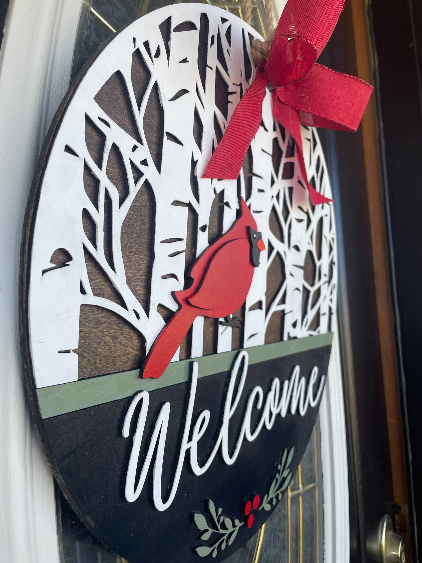 Cardinal Front Door Decor | Welcome Door Hanger | 3D Lettering | Round Wood Welcome Sign | Cardinal Decor | Winter Wreath