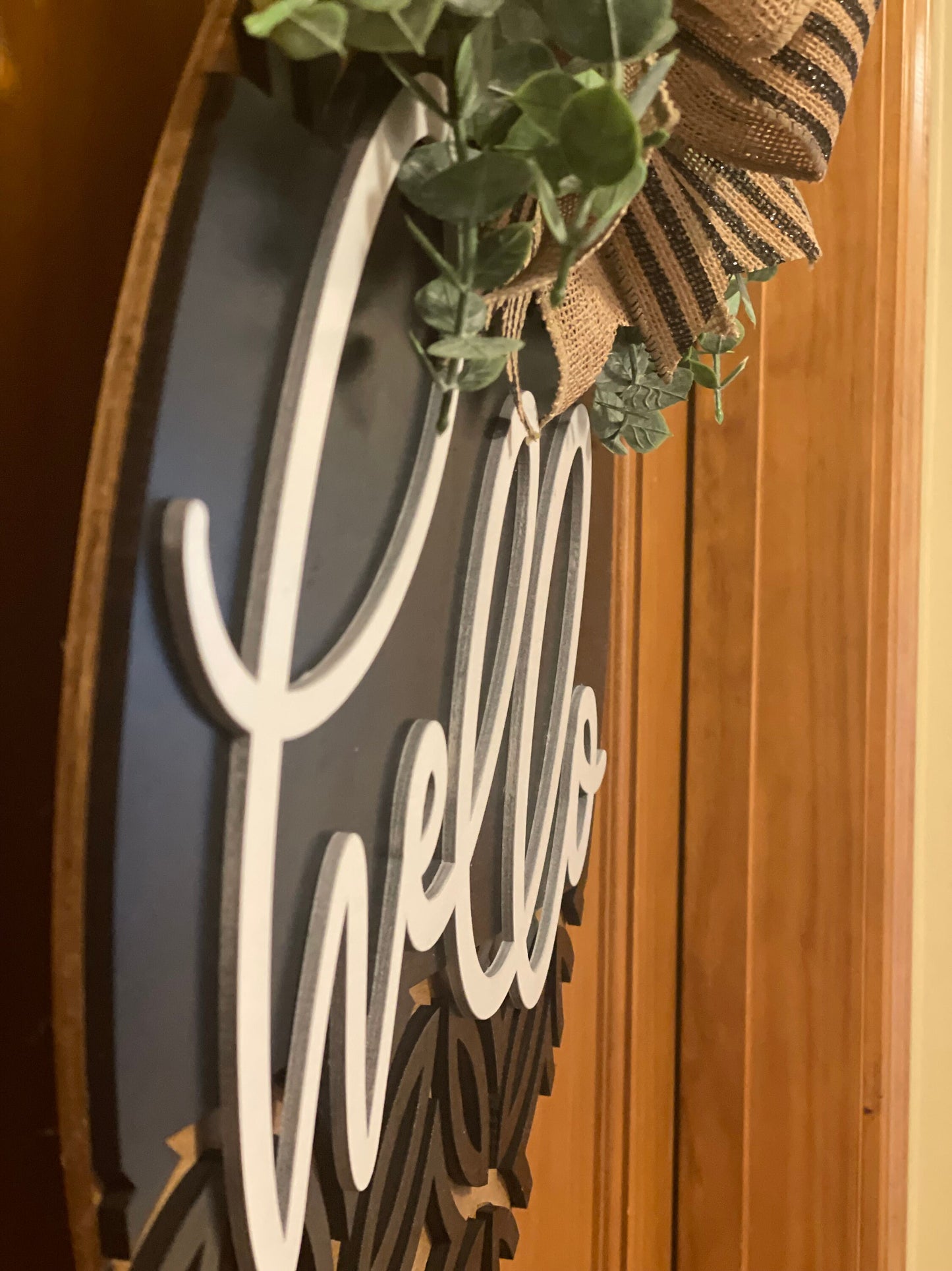 Hello Modern Front Door Decor | Hello Door Hanger | 3D Lettering | Round Wood Hello Sign | All Year Decor | Wood Hello Wreath