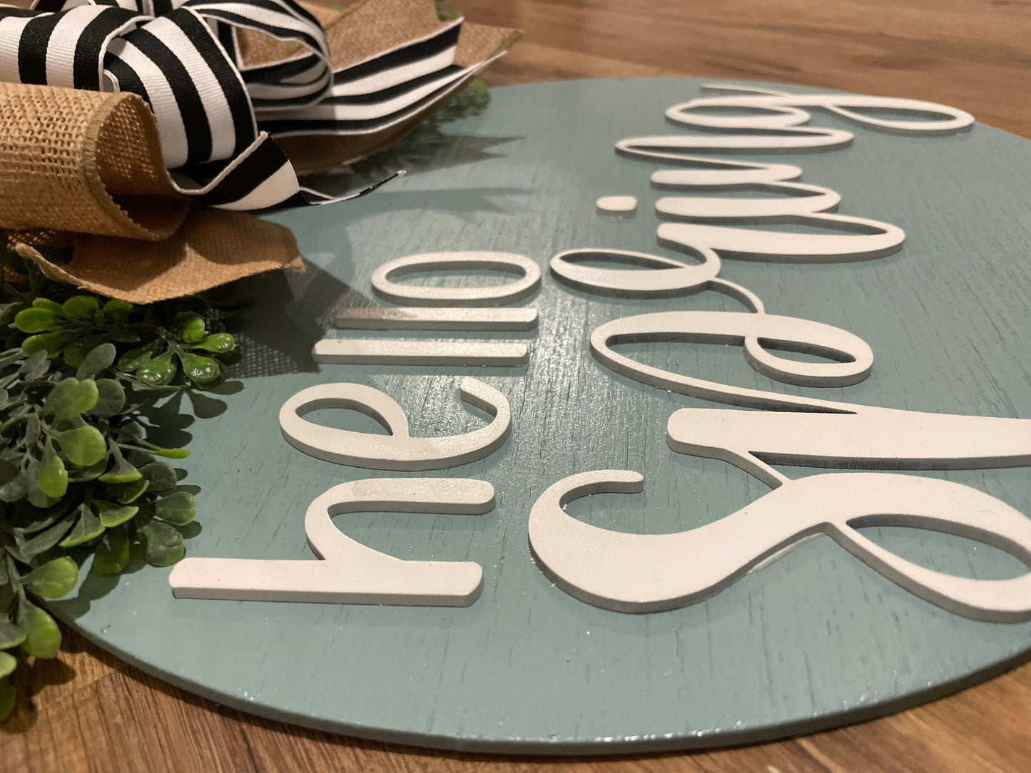 Hello Spring Door Hanger | 3D Lettering | 16inch round | Front Door Decor | Round Wood Sign