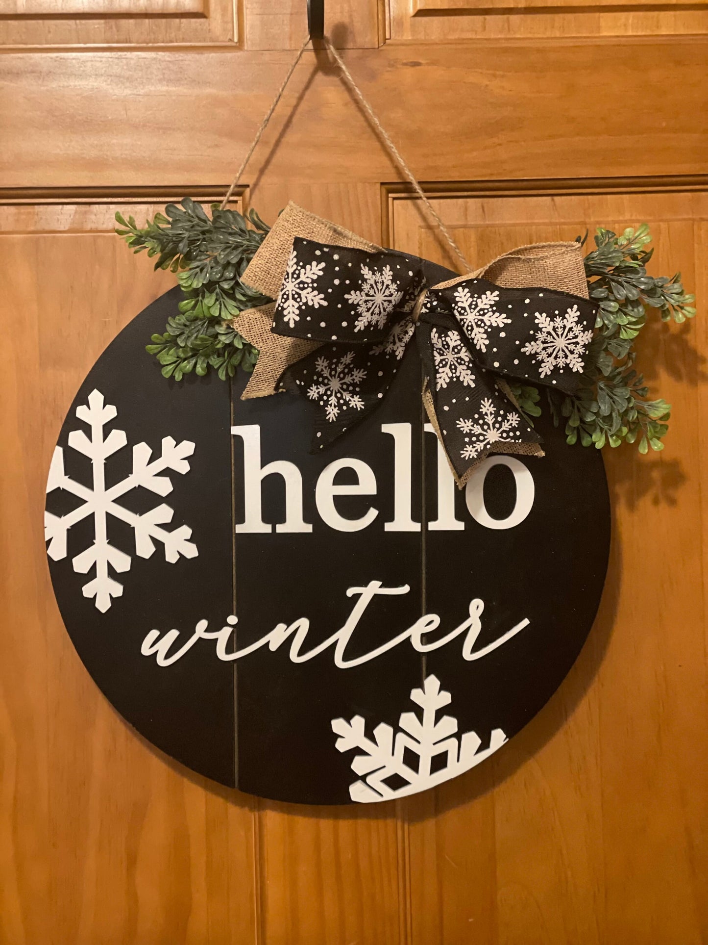 Hello Winter Door Hanger | 3D Lettering | 16inch round | Front Door Decor | Round Wood Sign | Black and White Door Sign | Winter Wreath