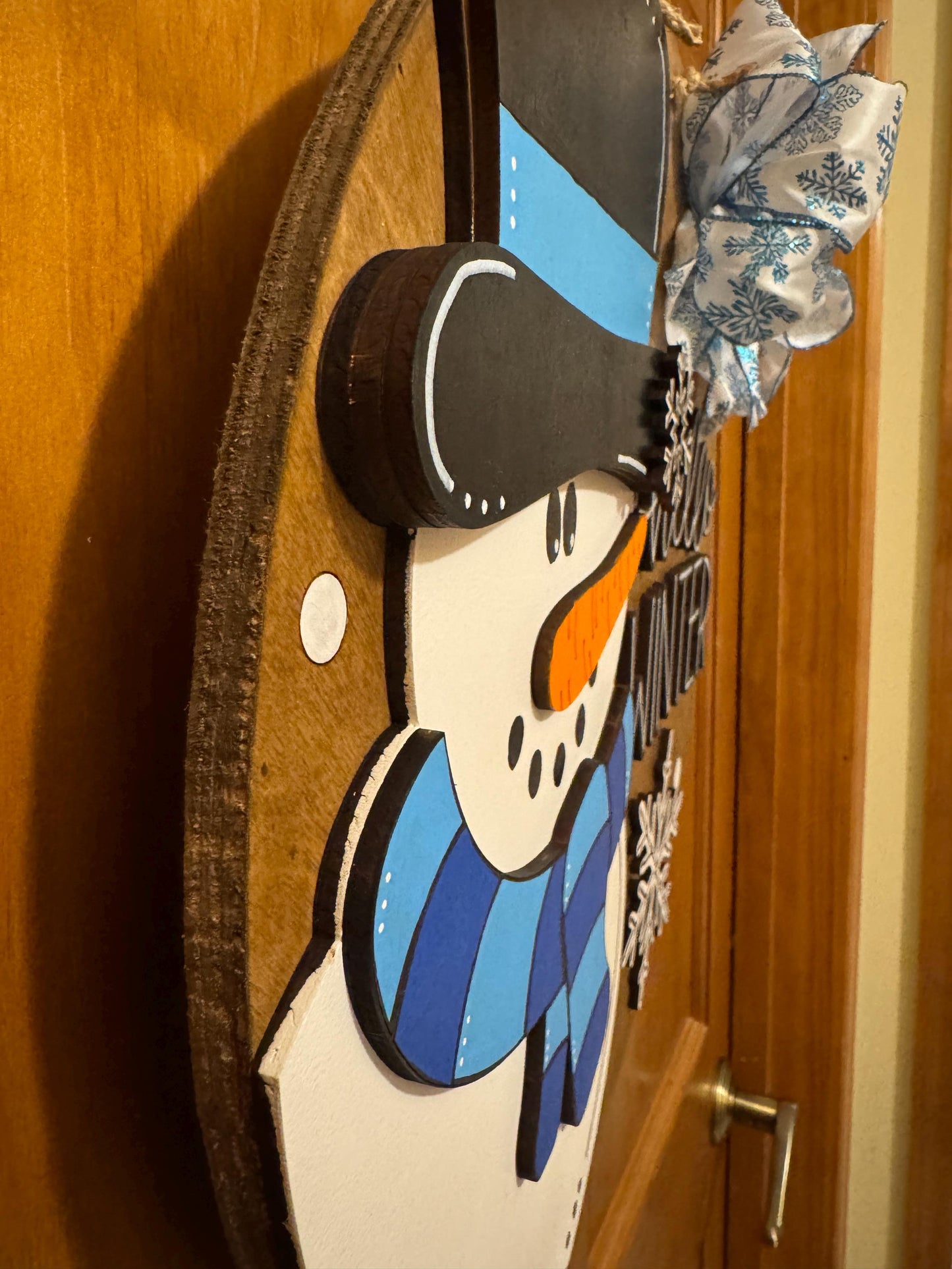 Hello Winter Snowman Door Hanger | 3D Lettering | 16inch round | Front Door Decor | Round Wood Sign | Winter Wreath