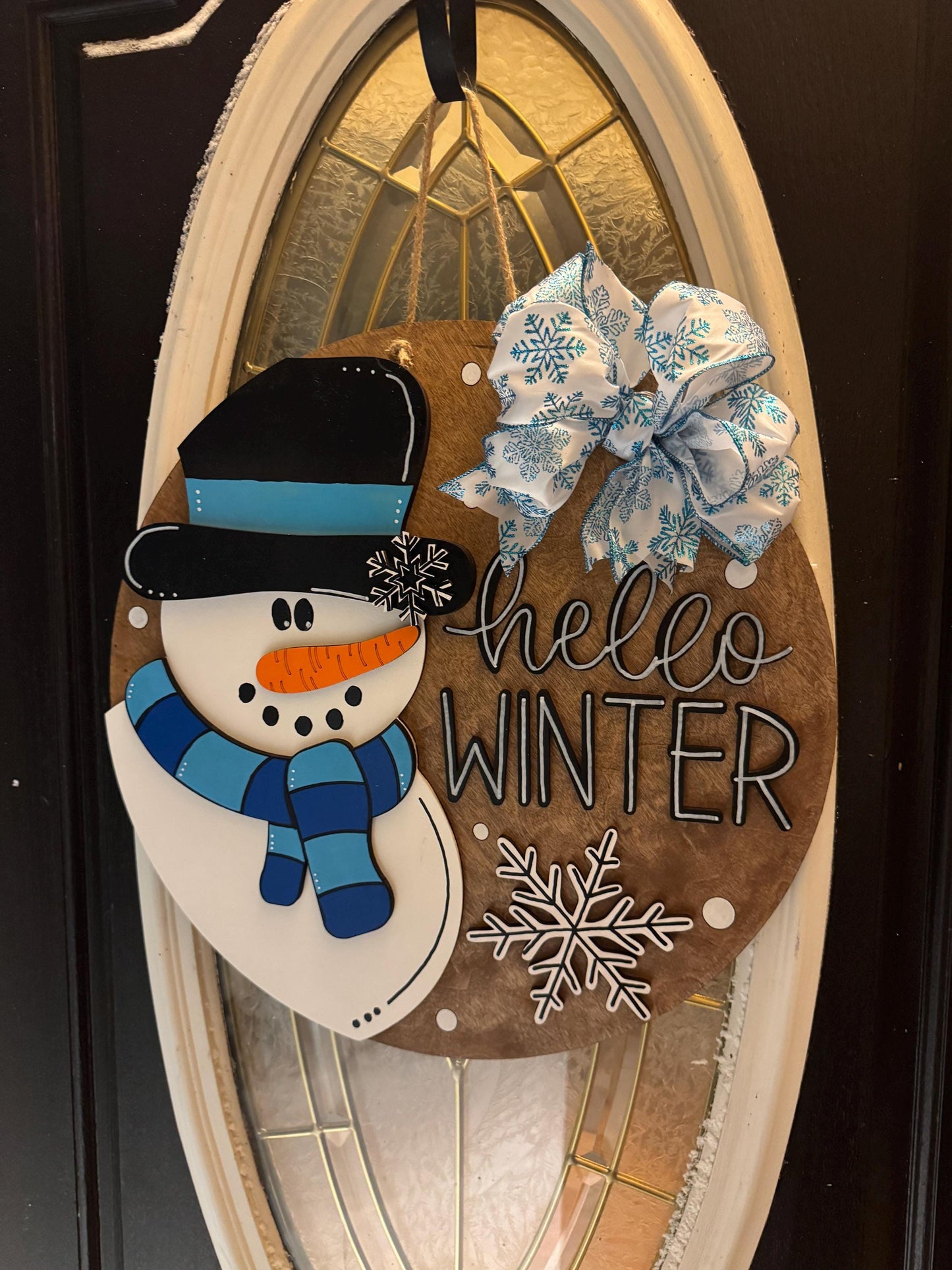 Hello Winter Snowman Door Hanger | 3D Lettering | 16inch round | Front Door Decor | Round Wood Sign | Winter Wreath
