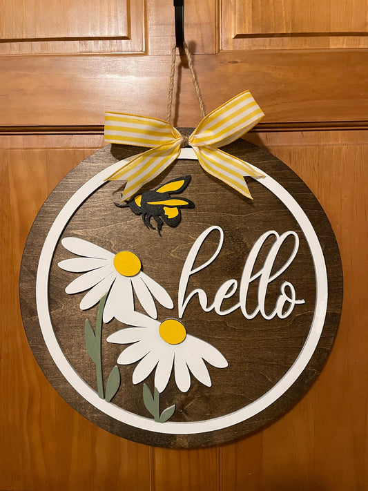 Hello Spring Front Door Decor | Hello Door Hanger | 3D Lettering | Round Wood Hello Sign | All Year Decor | Wood Hello Wreath | Bee Theme