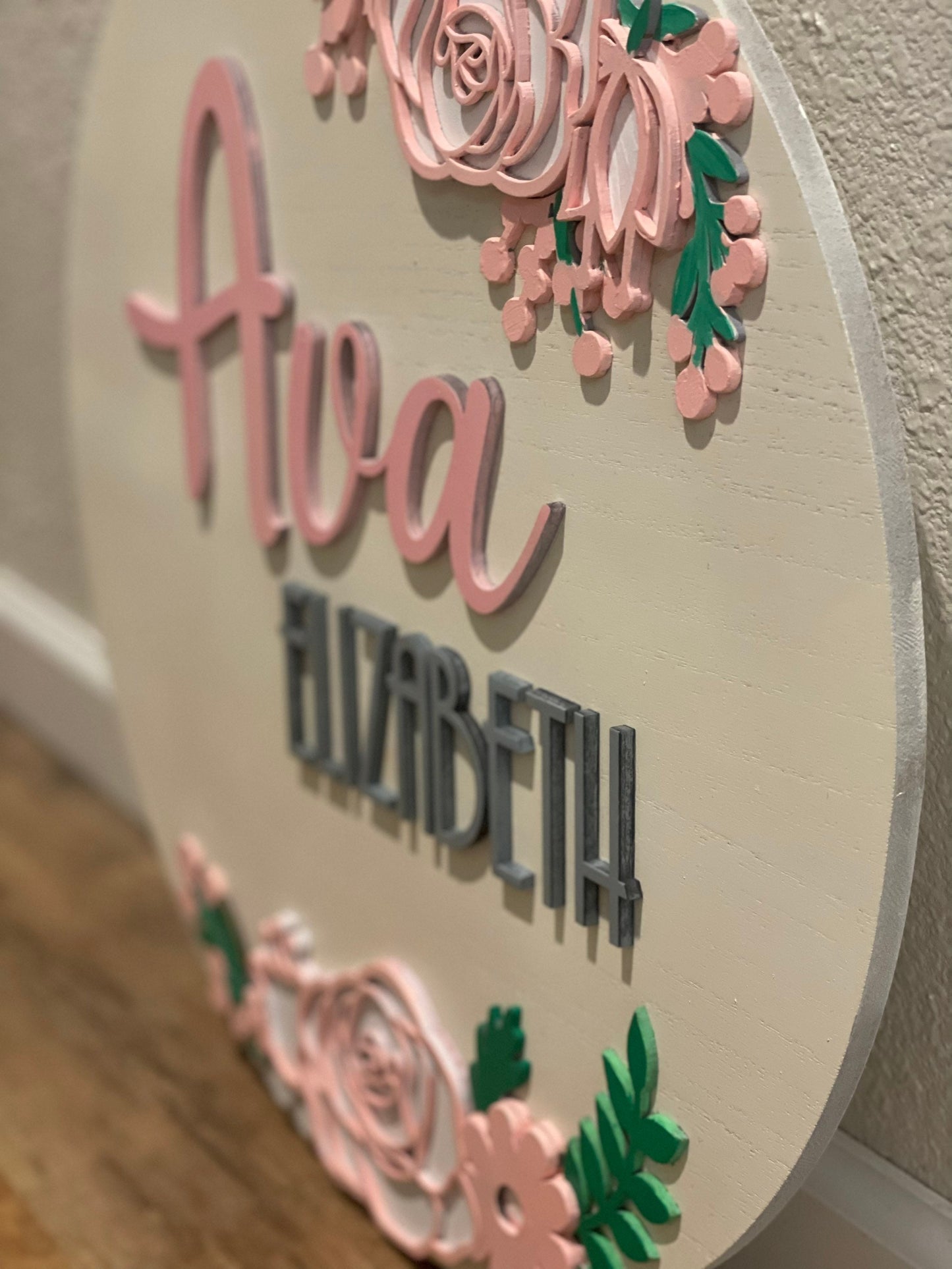 Floral Nursery Name Sign | 3D Custom Name Sign | Round Wood Sign | Nursery Decor| Personalized Nursery Sign