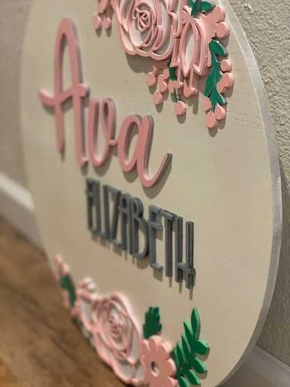 Floral Nursery Name Sign | 3D Custom Name Sign | Round Wood Sign | Nursery Decor| Personalized Nursery Sign