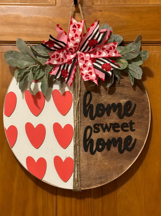 Valentine’s Day Heart Home Sweet Home Front Door Decor | Welcome Door Hanger | 3D Lettering | Round Wood Welcome Sign |  Winter Wreath