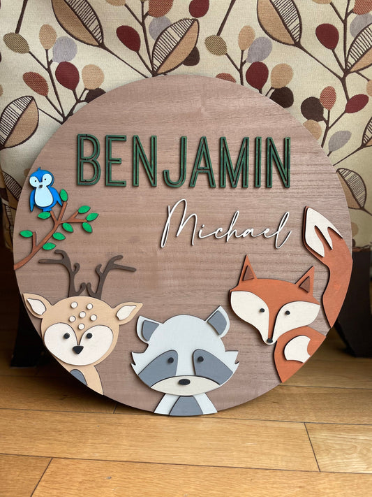 Woodland Creatures Nursery Name Sign | 3D Custom Name Sign | Round Wood Sign | Nursery Decor for a Boy or Girl | Personalized Nursery Sign