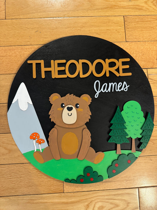 Bear Mountain Nursery Name Sign | 3D Custom Name Sign | Round Wood Sign | Nursery Decor for a Boy or Girl | Personalized Nursery Sign