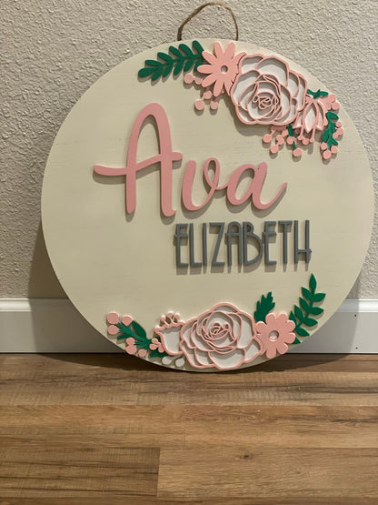 Floral Nursery Name Sign | 3D Custom Name Sign | Round Wood Sign | Nursery Decor| Personalized Nursery Sign