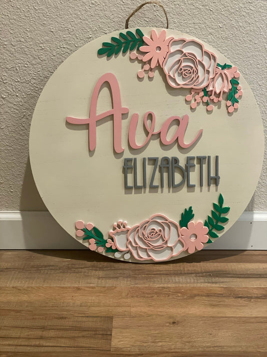 Floral Nursery Name Sign | 3D Custom Name Sign | Round Wood Sign | Nursery Decor| Personalized Nursery Sign