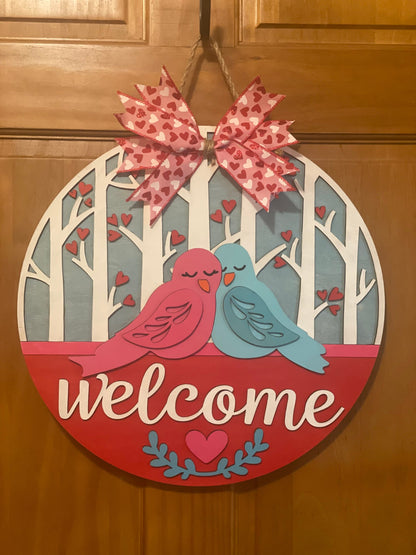Love Birds Front Door Decor | Welcome Door Hanger | 3D Lettering | Round Wood Welcome Sign | Year Round Decor | Valentine Door Sign Wreath