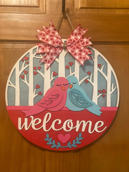 Love Birds Front Door Decor | Welcome Door Hanger | 3D Lettering | Round Wood Welcome Sign | Year Round Decor | Valentine Door Sign Wreath