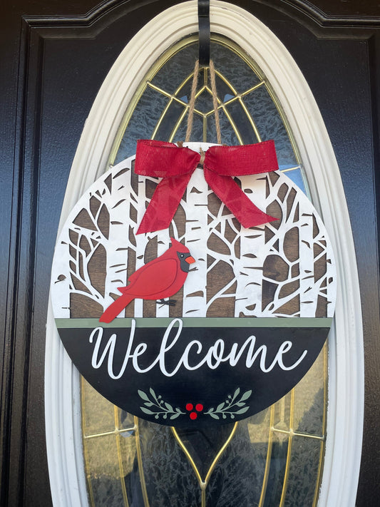 Cardinal Front Door Decor | Welcome Door Hanger | 3D Lettering | Round Wood Welcome Sign | Cardinal Decor | Winter Wreath