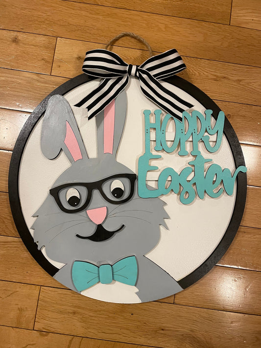 Hoppy Easter Door Hanger | Welcome Door Hanger | Bunny Door Decor | Nerd Bunny Cutout | Round Wood Wreath