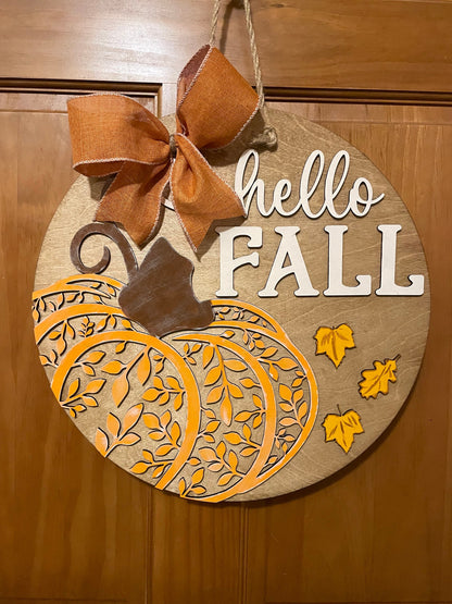 Hello Fall Front Door Decor |Fall Door Hanger | 3D Lettering | Round Wood Hello Fall Sign | Thanksgiving Decor | Wood Wreath