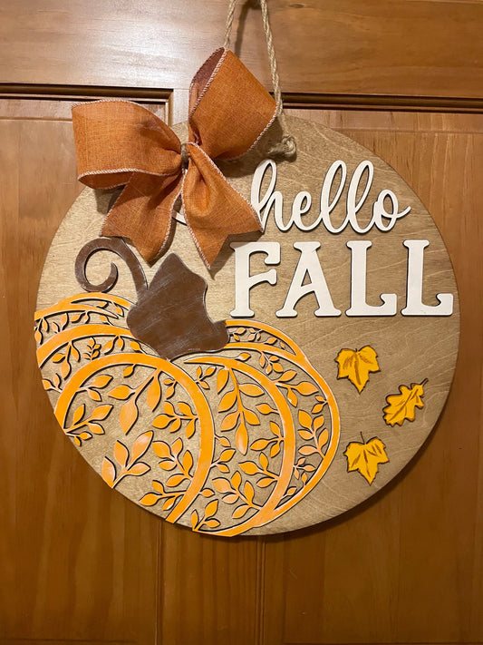 Hello Fall Front Door Decor |Fall Door Hanger | 3D Lettering | Round Wood Hello Fall Sign | Thanksgiving Decor | Wood Wreath