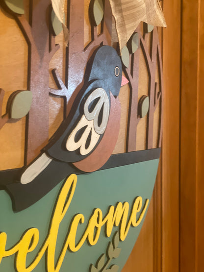 Robin Front Door Decor | Welcome Door Hanger | 3D Lettering | Round Wood Sign | Year Round Decor | Robin Bird Decor | Spring Door Wreath