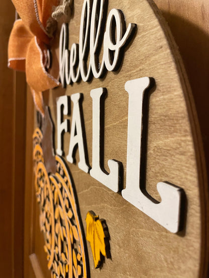 Hello Fall Front Door Decor |Fall Door Hanger | 3D Lettering | Round Wood Hello Fall Sign | Thanksgiving Decor | Wood Wreath