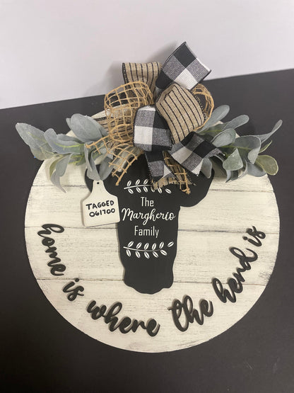 20” Round Home Is Where the Herd Is Door Hanger | Cow Sign | Cow Door Hanger | Farmhouse Shiplap Sign