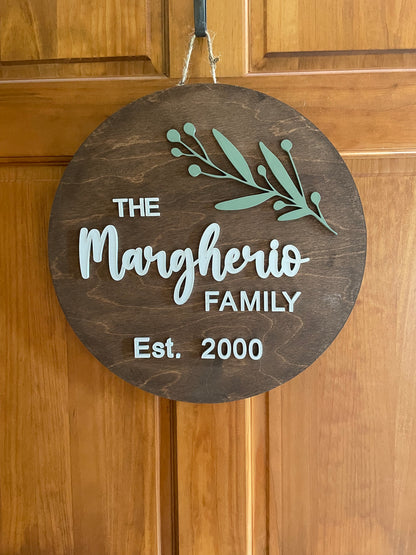 Round Family Name Door Hanger | 3D Name Sign | Front Door Decor | Custom Name Sign