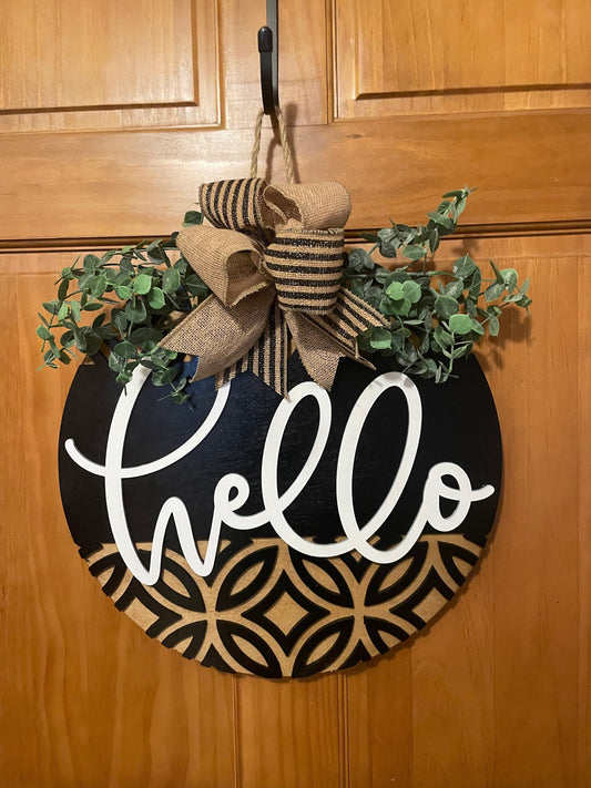 Hello Modern Front Door Decor | Hello Door Hanger | 3D Lettering | Round Wood Hello Sign | All Year Decor | Wood Hello Wreath