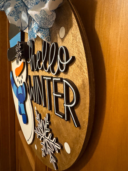 Hello Winter Snowman Door Hanger | 3D Lettering | 16inch round | Front Door Decor | Round Wood Sign | Winter Wreath