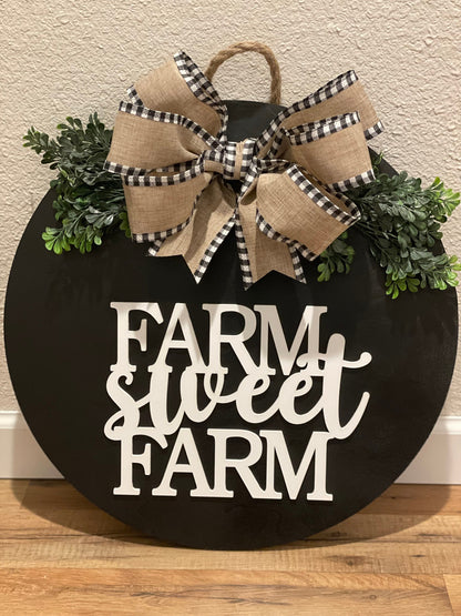 Farm Sweet Farm Welcome Front Door Decor | Round Door Sign | Welcome Door Hanger | 3D Lettering | Year Round Sign