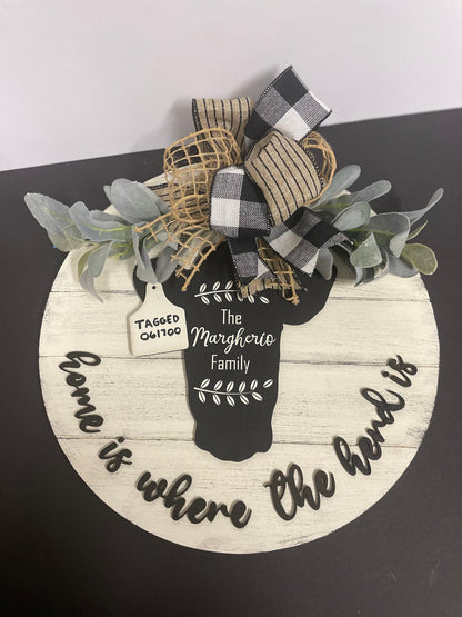 18” Round Home Is Where the Herd Is Door Hanger | Cow Sign | Cow Door Hanger | Farmhouse Shiplap Sign