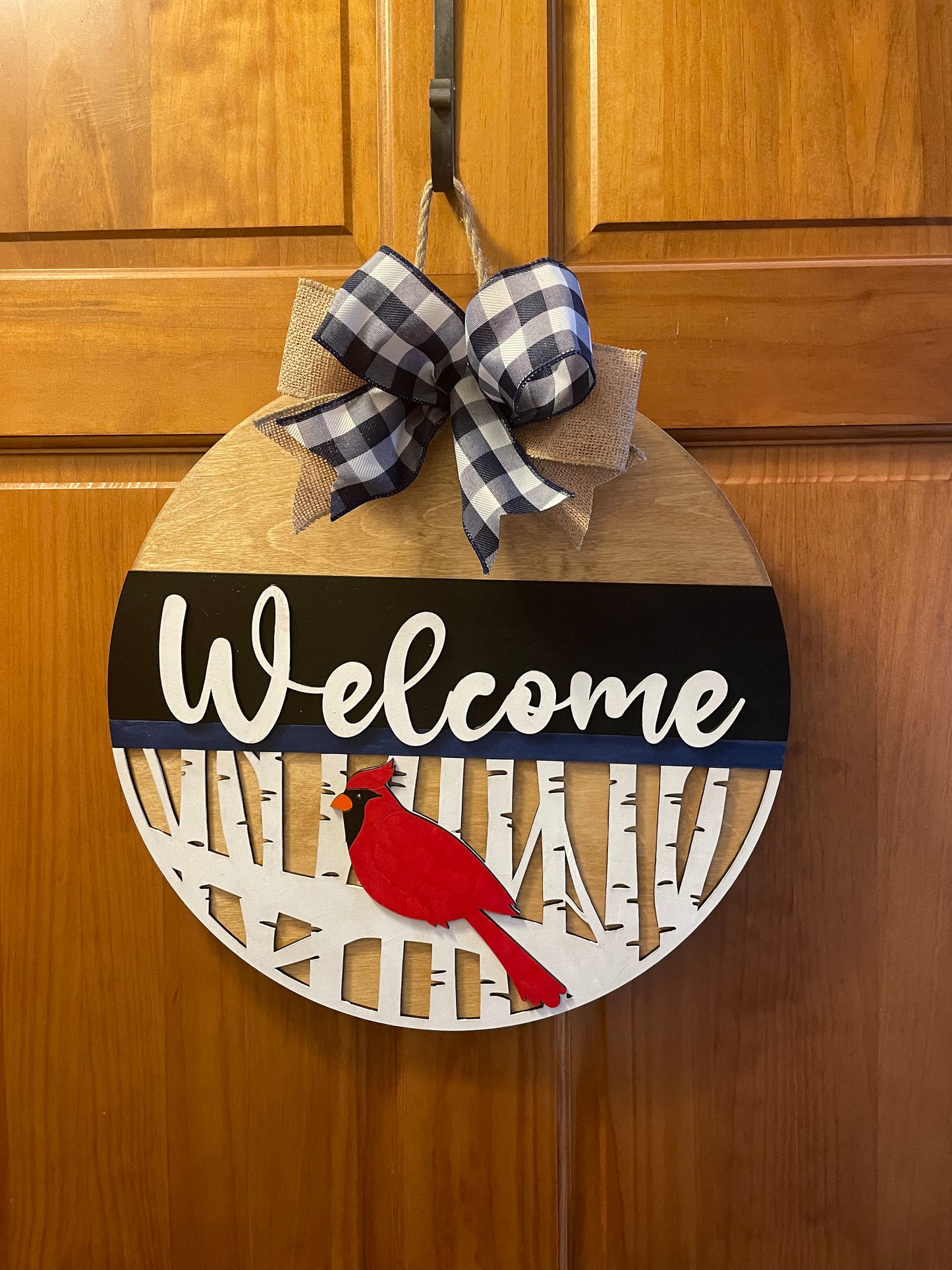 Cardinal Front Door Decor | Welcome Door Hanger | 3D Lettering | Round Wood Welcome Sign | Year Round Decor | Winter Cardinal Door Hanger