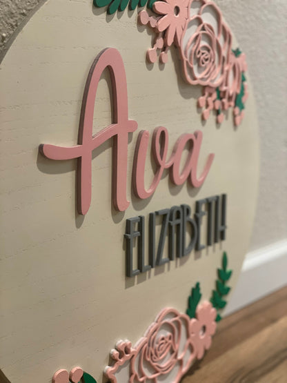 Floral Nursery Name Sign | 3D Custom Name Sign | Round Wood Sign | Nursery Decor| Personalized Nursery Sign
