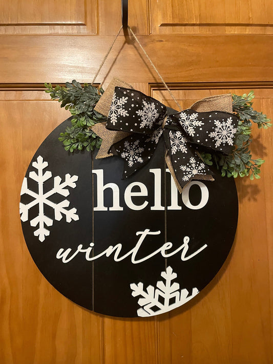 Hello Winter Door Hanger | 3D Lettering | 16inch round | Front Door Decor | Round Wood Sign | Black and White Door Sign | Winter Wreath