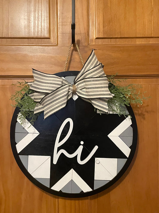 Barn Quilt Front Door Decor | Hi Door Hanger | 3D Lettering | Round Wood Welcome Sign | All Year Decor | Wood Wreath