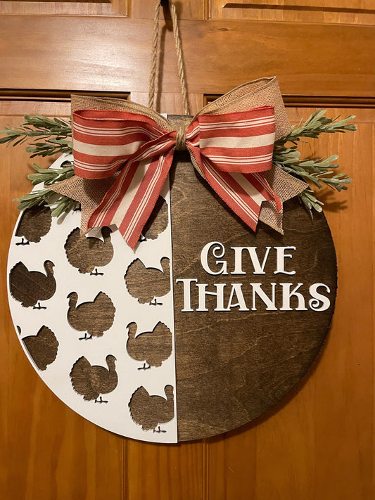 Give Thanks Turkey Front Door Decor |Fall Door Hanger | 3D Lettering | Round Wood Give Thanks Sign | Thanksgiving Decor | Wood Wreath