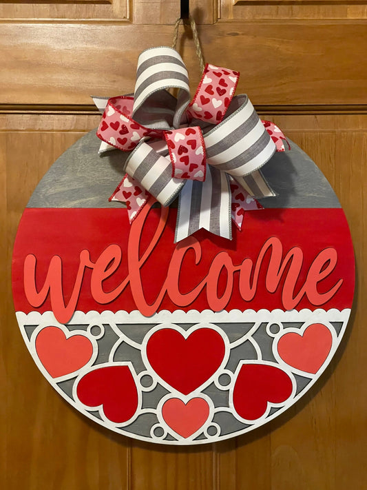 Valentine’s Day Front Door Decor | Welcome Door Hanger | 3D Lettering | Round Wood Welcome Sign | Heart Decor |  Winter Wreath