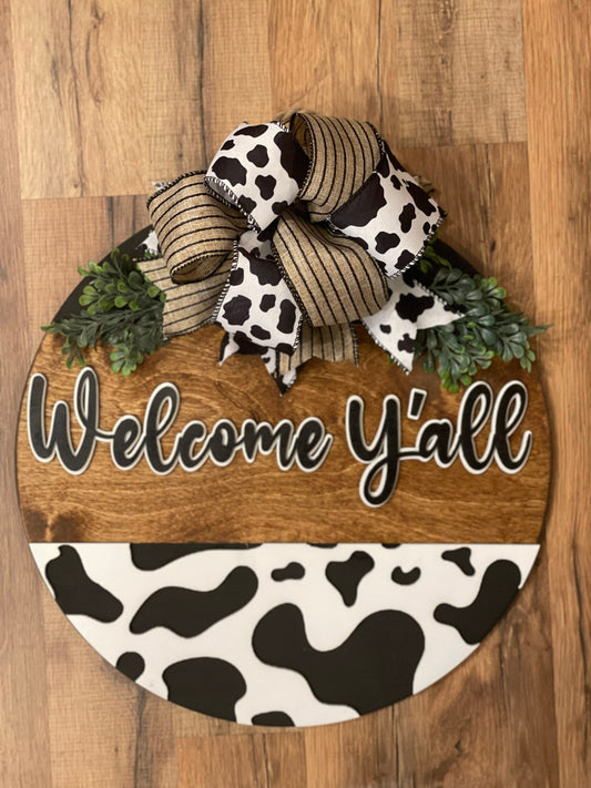 Welcome Y’all Cow Print Sign | Round Door Sign | Home Decor | 3D Sign