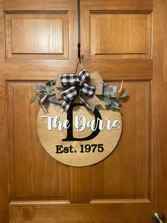 Round Family Name Door Hanger | 3D Name Sign | Front Door Decor | Custom Name Sign | Black and White Design