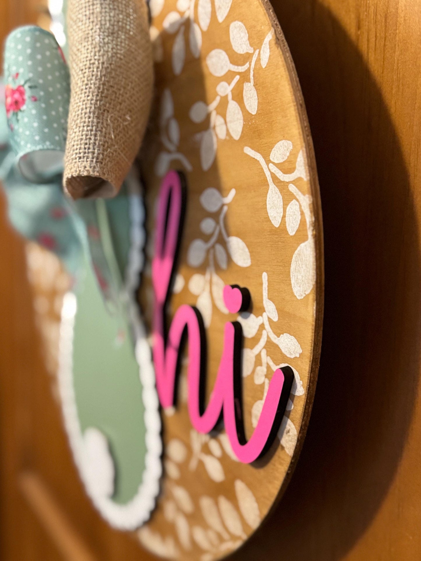 Easter Bunny Front Door Decor | Hi Door Hanger | 3D Lettering | Round Wood Welcome Sign | Bunny Round Sign | Spring Wreath