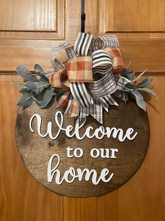 Welcome to our Home Front Door Decor | Welcome Door Hanger | 3D Lettering | Round Wood Welcome Sign | All Year Decor | Wood Welcome Wreath