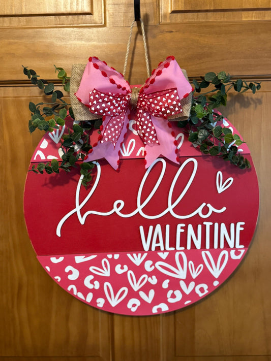 Valentine’s Day Hello Valentine Front Door Decor | Welcome Door Hanger | 3D Lettering | Round Wood Welcome Sign |  Winter Wreath