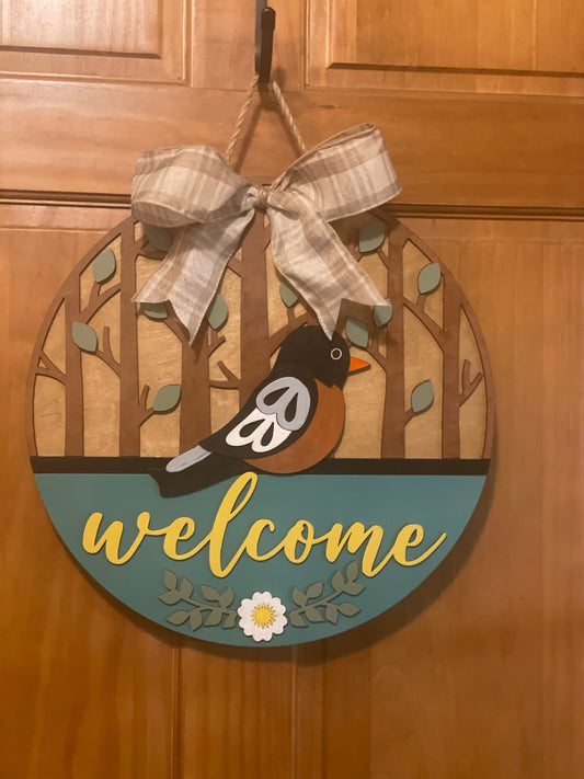 Robin Front Door Decor | Welcome Door Hanger | 3D Lettering | Round Wood Sign | Year Round Decor | Robin Bird Decor | Spring Door Wreath