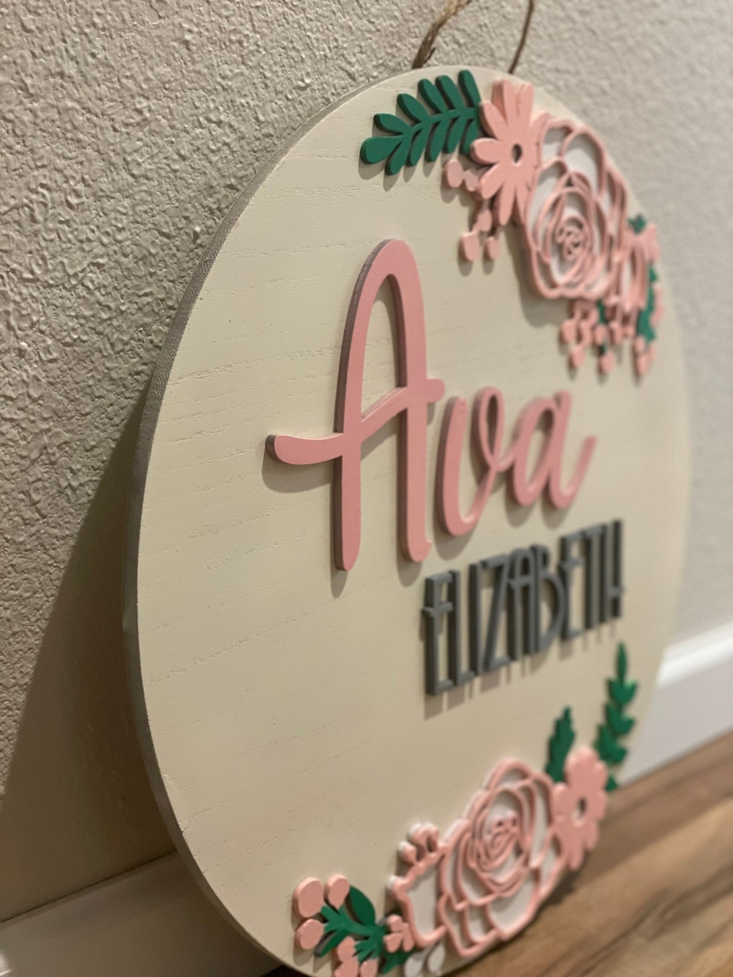 Floral Nursery Name Sign | 3D Custom Name Sign | Round Wood Sign | Nursery Decor| Personalized Nursery Sign