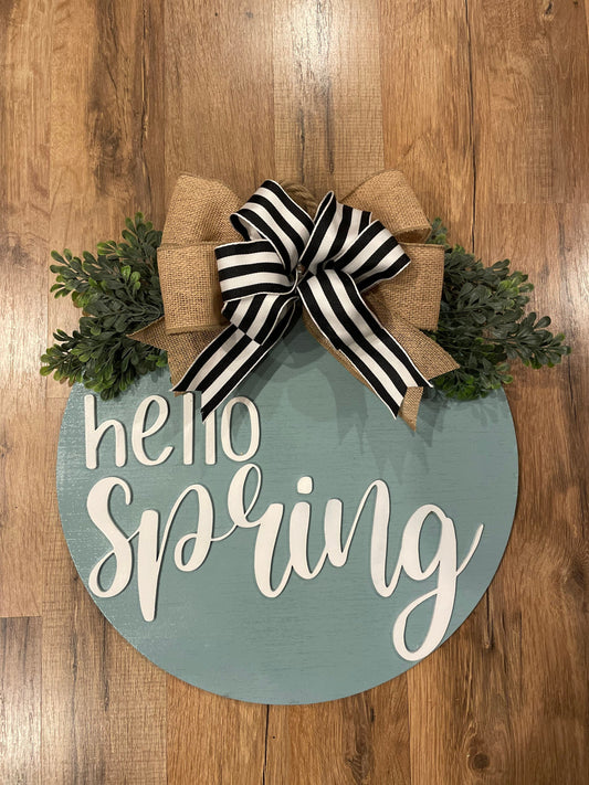 Hello Spring Door Hanger | 3D Lettering | 16inch round | Front Door Decor | Round Wood Sign